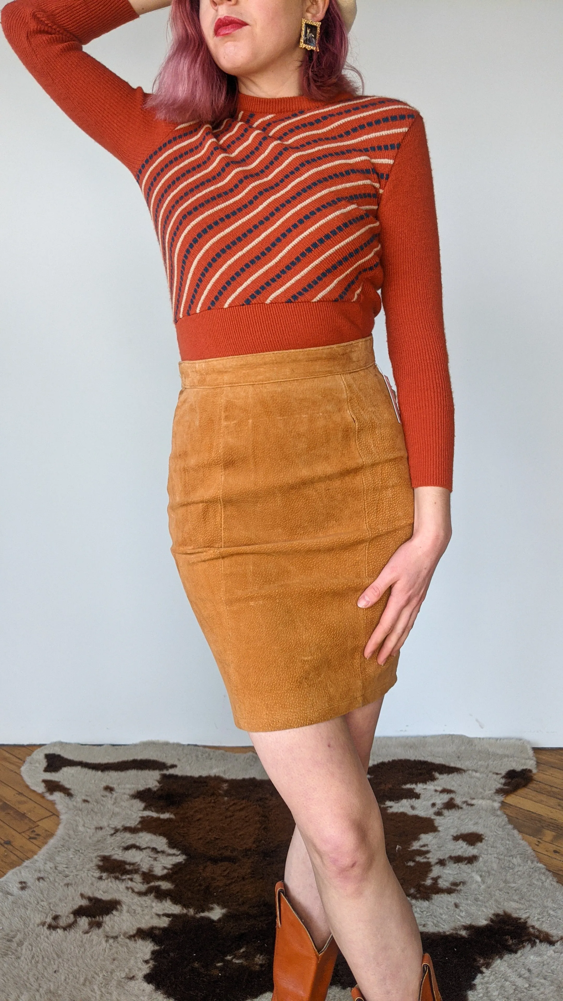 1990s Tan Leather Suede Pencil Skirt, sz. S