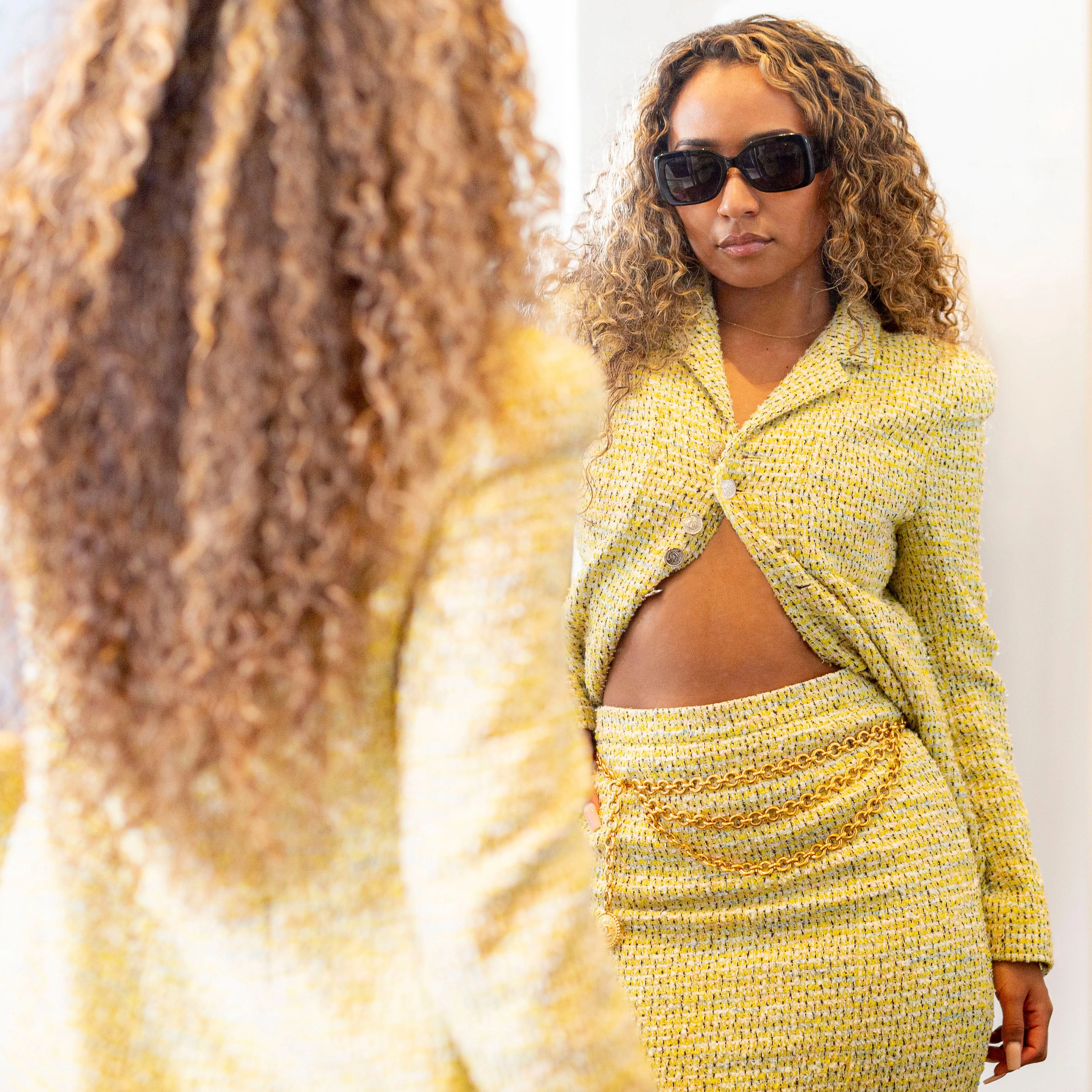 1996 Yellow Tweed Two-Piece Jacket and Skirt Suit