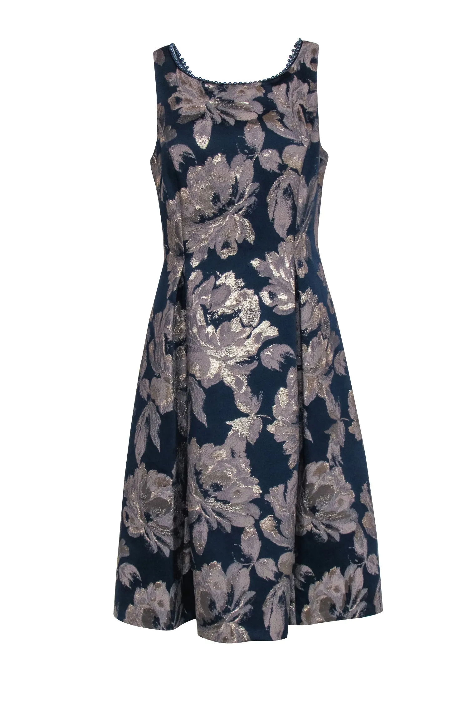 Adrianna Papell - Navy & Gold Floral Print Dress w/ Beaded Neckline Sz 12