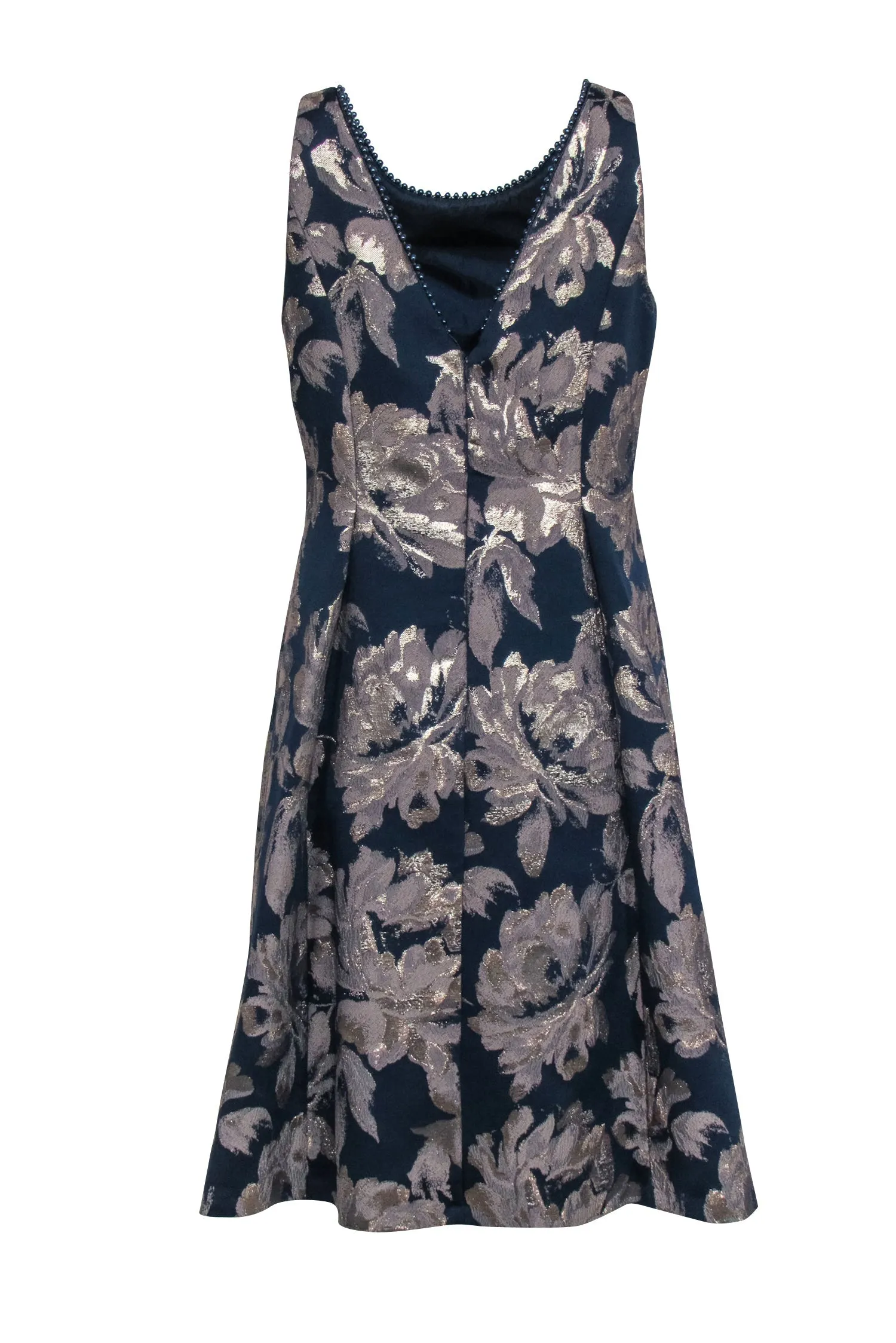 Adrianna Papell - Navy & Gold Floral Print Dress w/ Beaded Neckline Sz 12