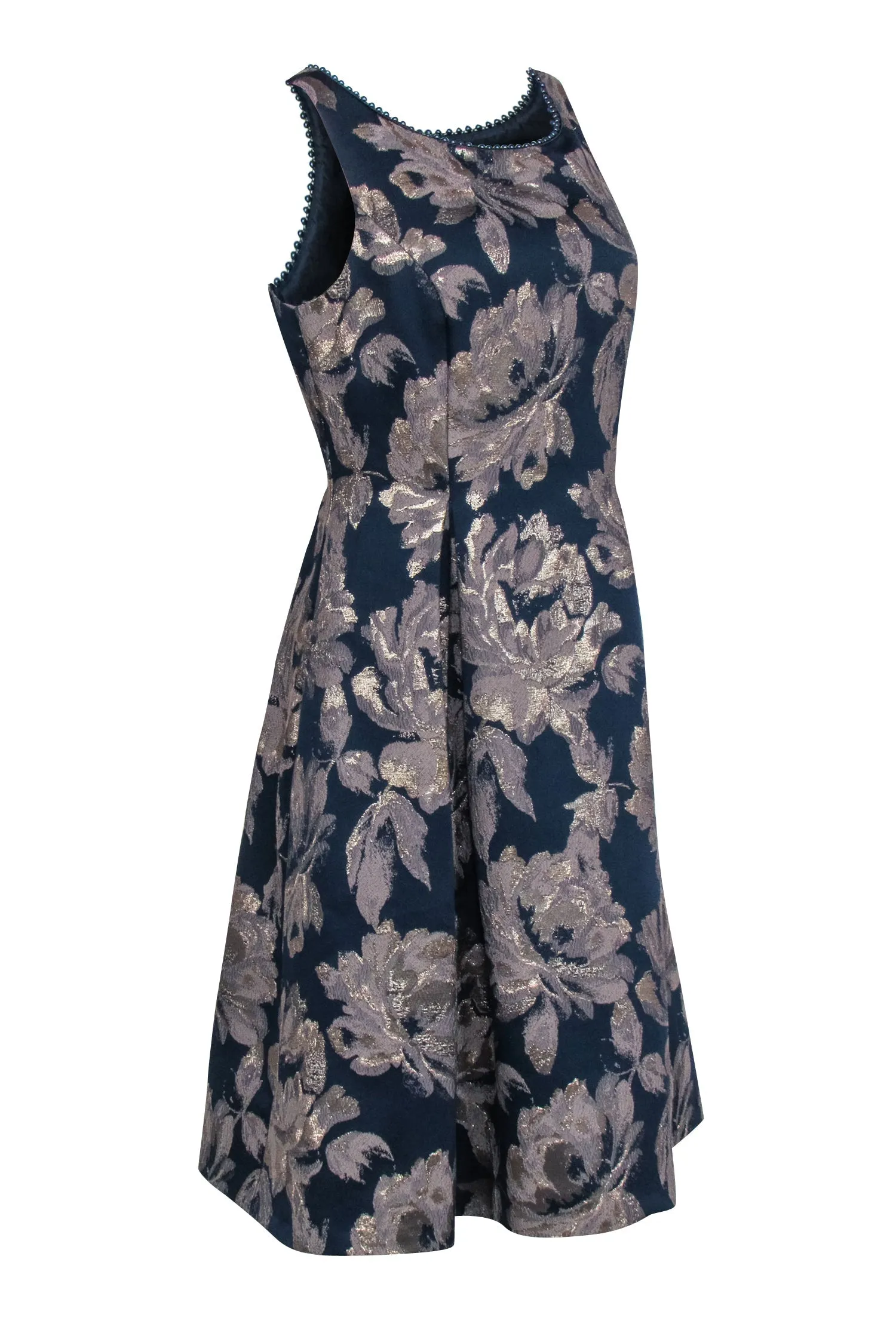 Adrianna Papell - Navy & Gold Floral Print Dress w/ Beaded Neckline Sz 12