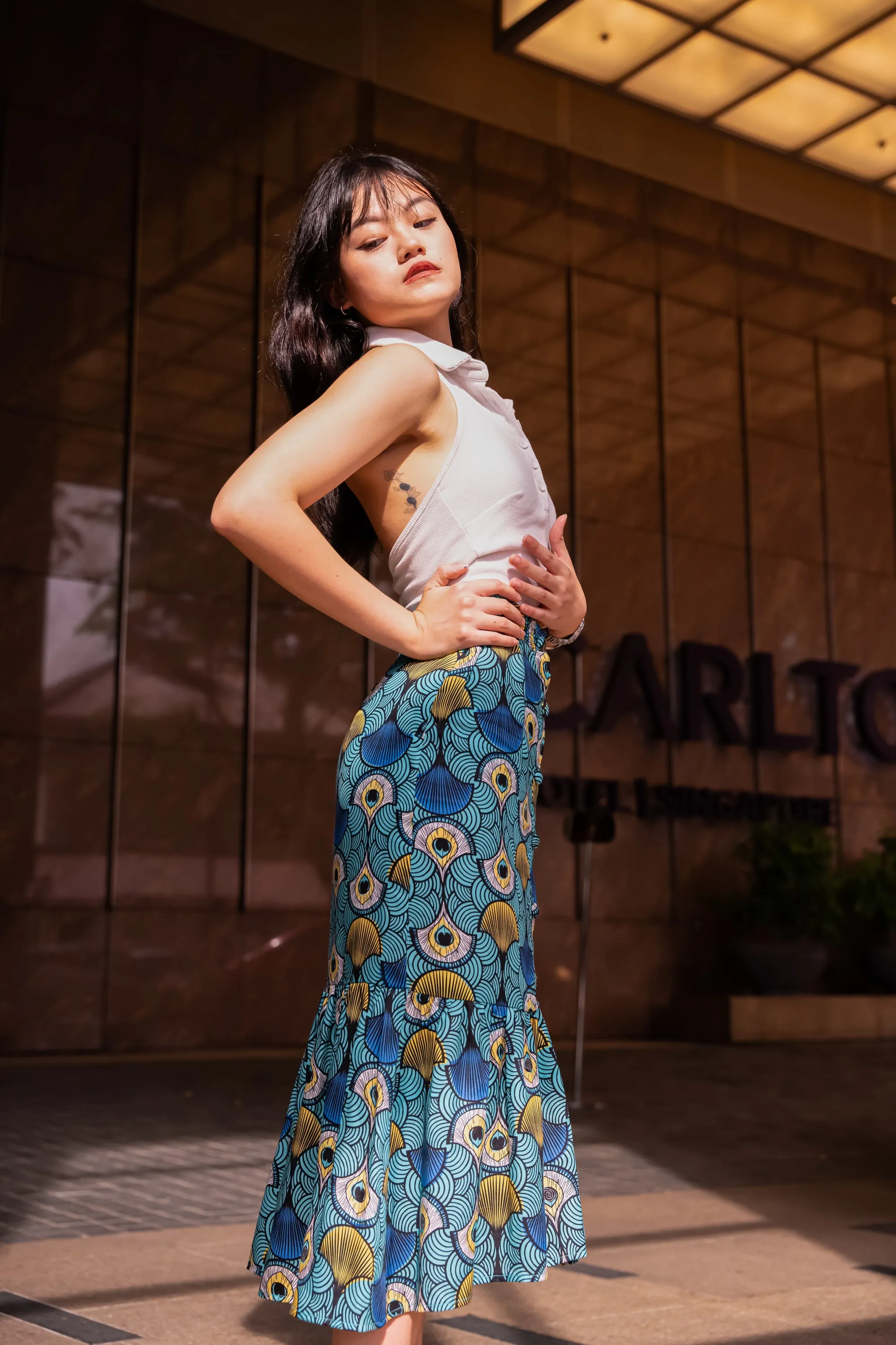 Ajah Flounce Hem Pencil Skirt - Teal Ewa Naibu - OA OG Print