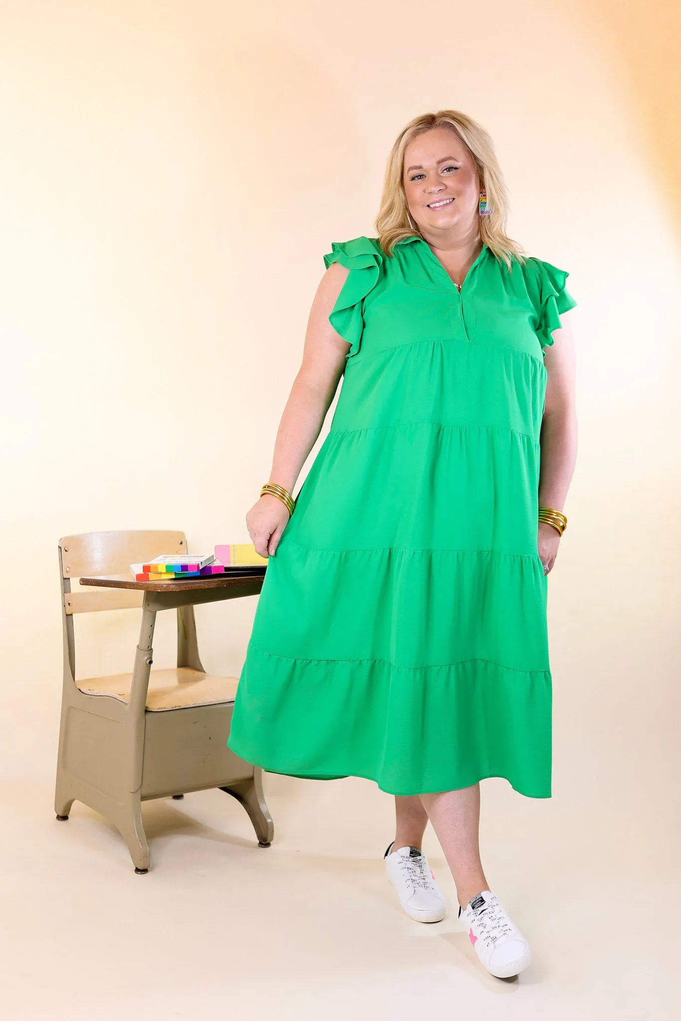 All Of A Sudden Tiered Midi Dress with Ruffle Cap Sleeves in Green