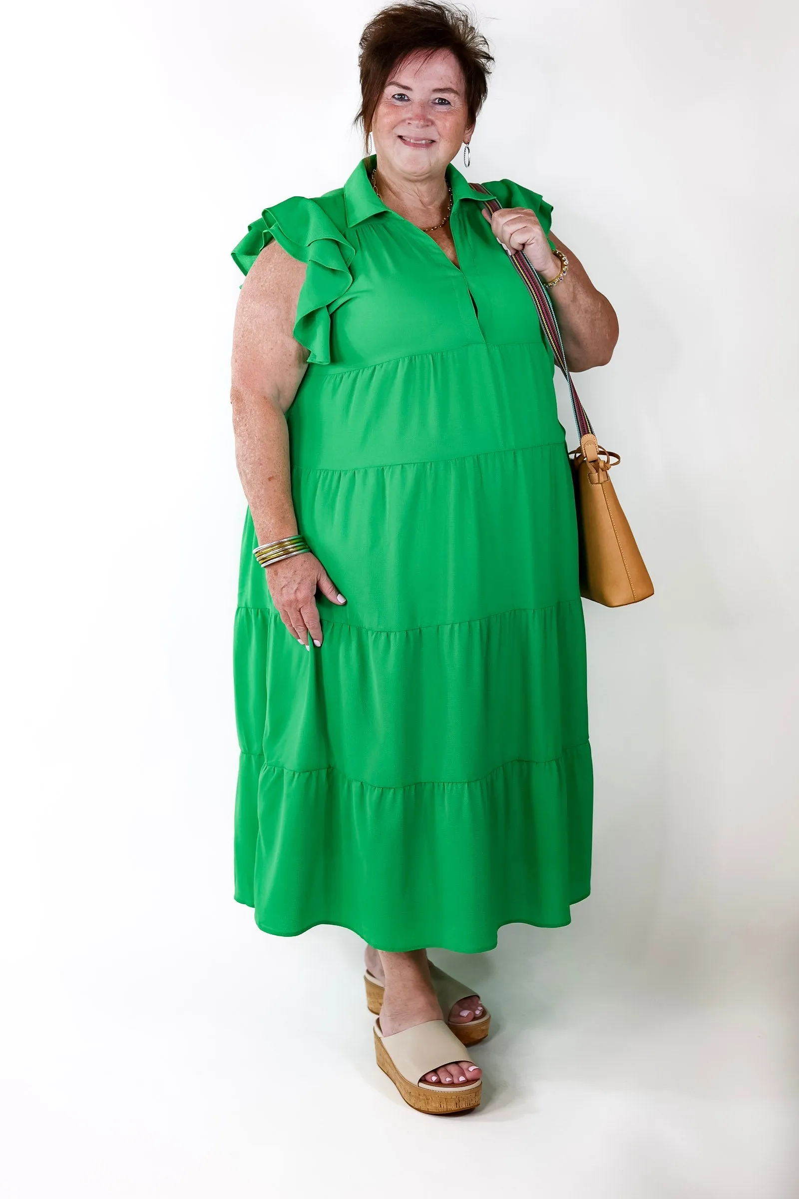 All Of A Sudden Tiered Midi Dress with Ruffle Cap Sleeves in Green