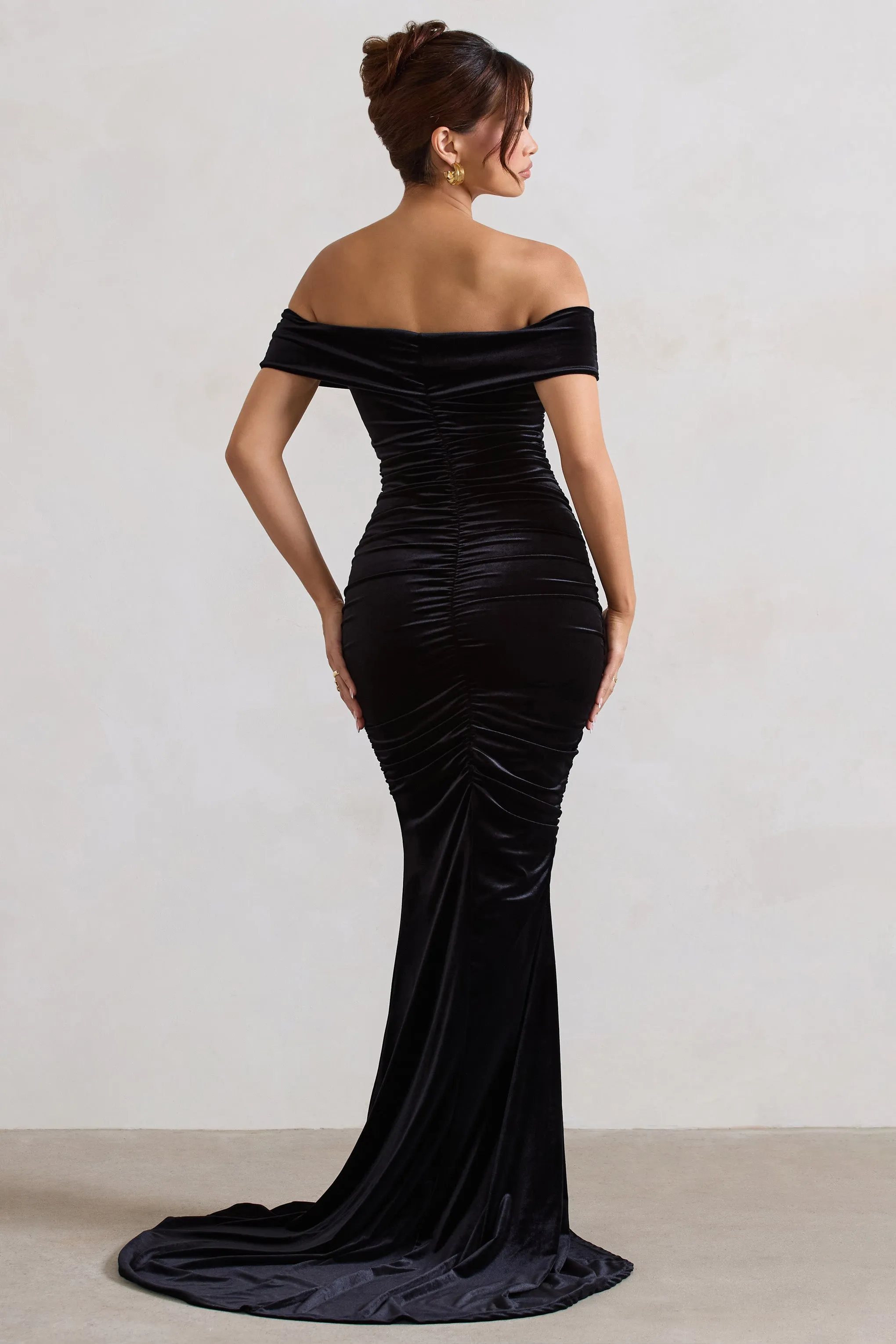 Apolline | Black Velvet Off The Shoulder Ruched Fishtail Maxi Dress