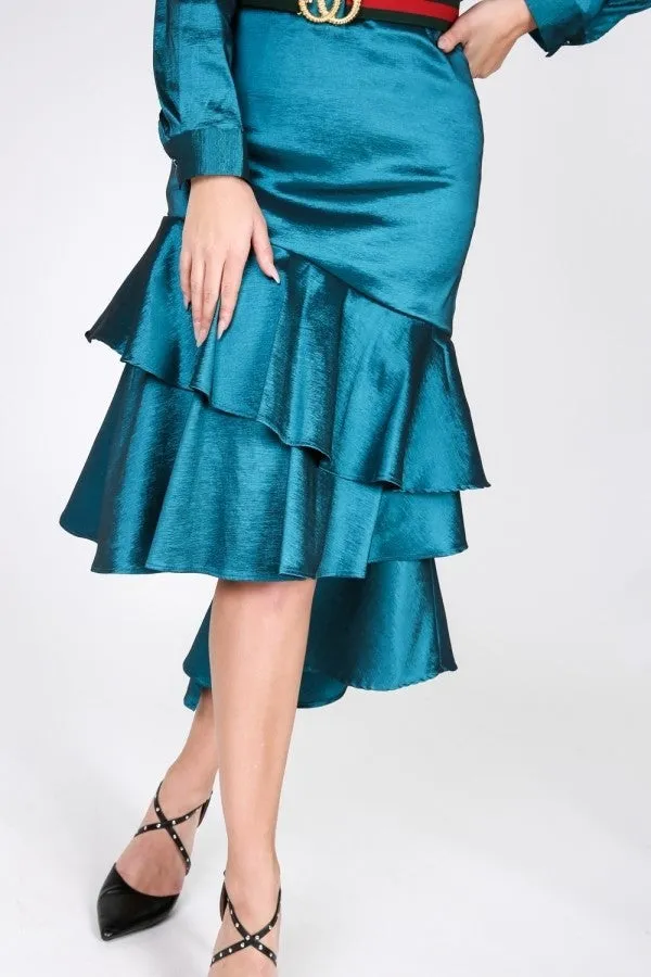 Asymmetrical Ruffle Bottom Satin Skirt