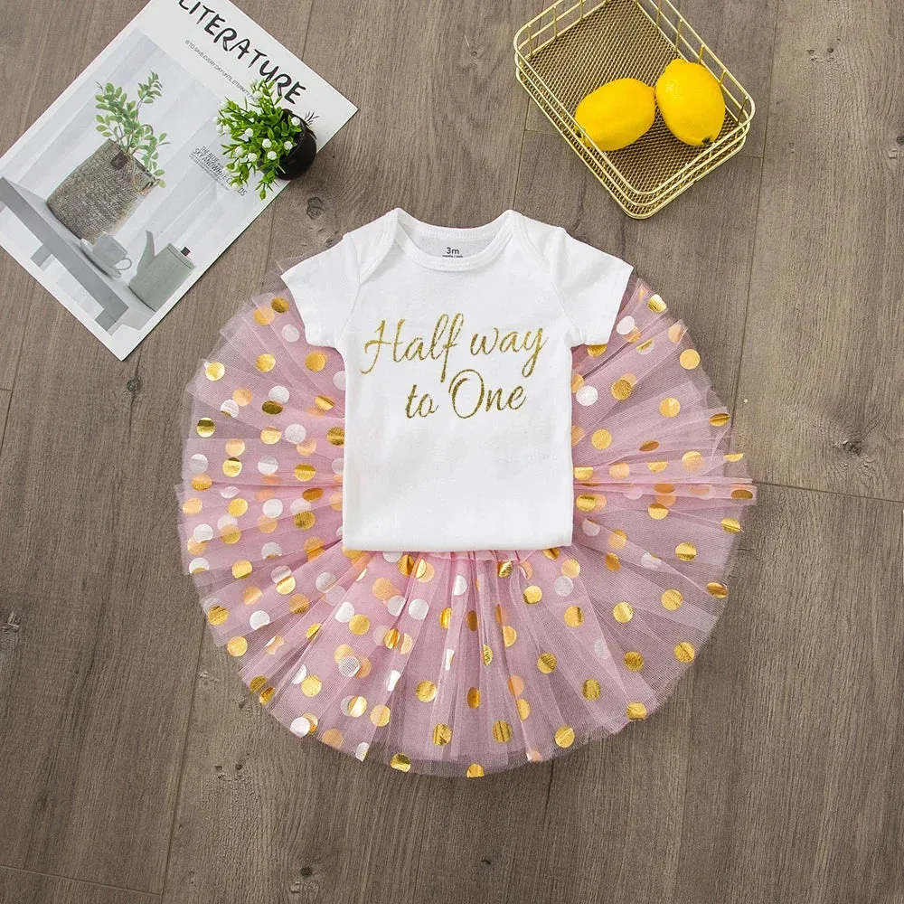 Baby Girl 6Month Pink Gold Tutu Skirt Outfit Set