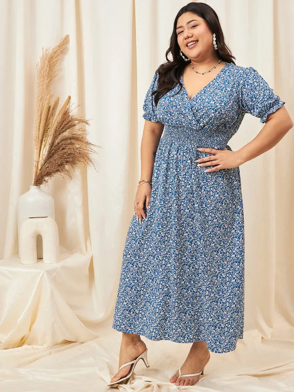 Berrylush Curve Women Blue & White Floral Printed V-Neck Puff Sleeves Smocked Waist A-line Maxi Dress