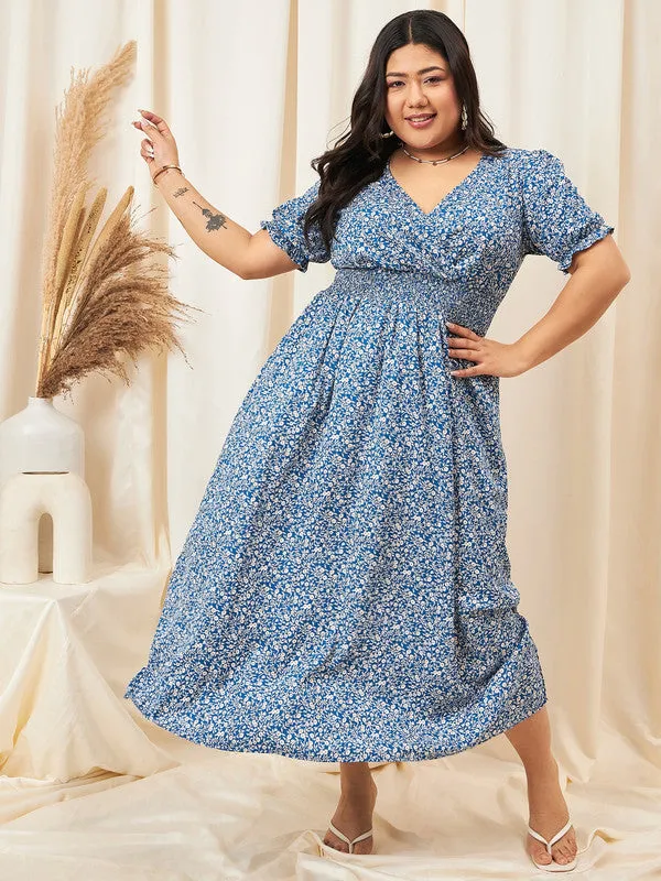 Berrylush Curve Women Blue & White Floral Printed V-Neck Puff Sleeves Smocked Waist A-line Maxi Dress