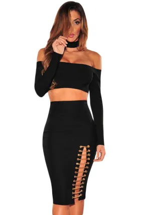 Black Bodycon Slit Chain Midi Skirt