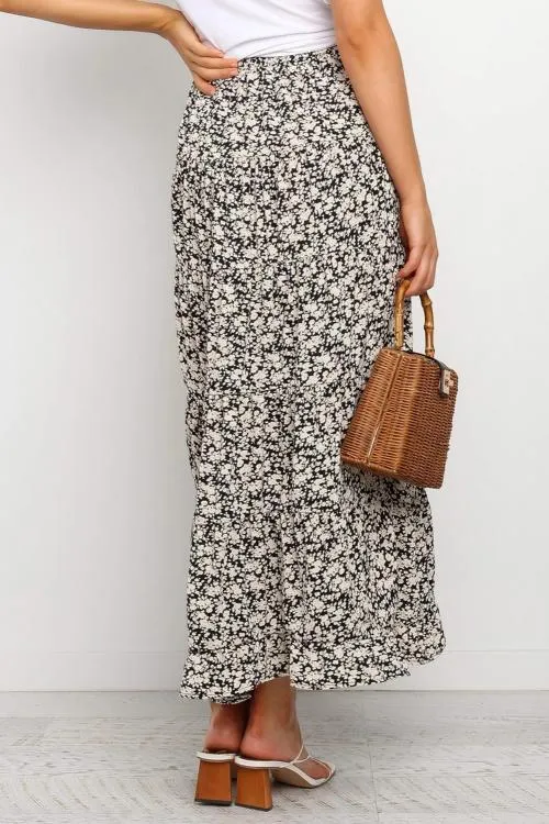 Black High Waist Printed Mid Length Skirt