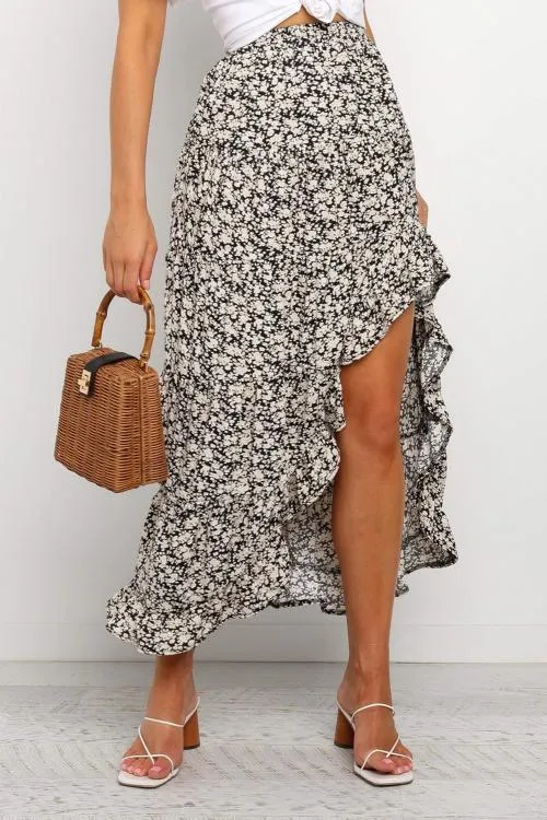 Black High Waist Printed Mid Length Skirt