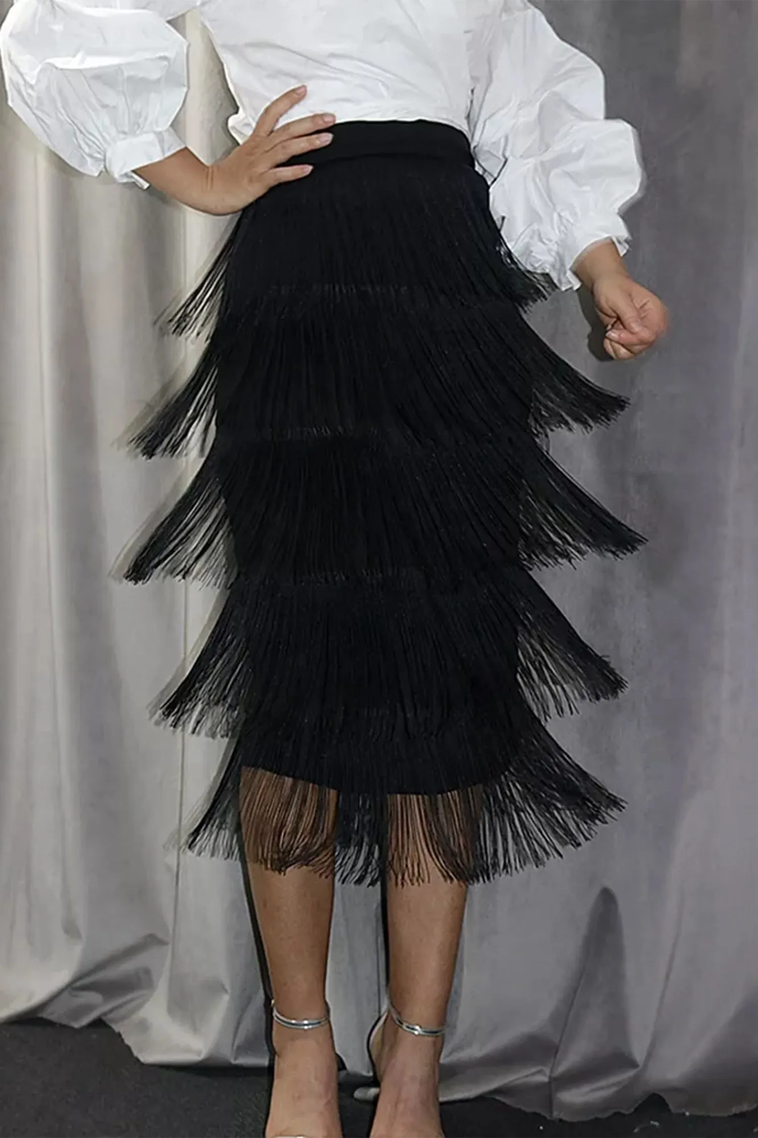 Black High Waisted Midi Fringe Skirt