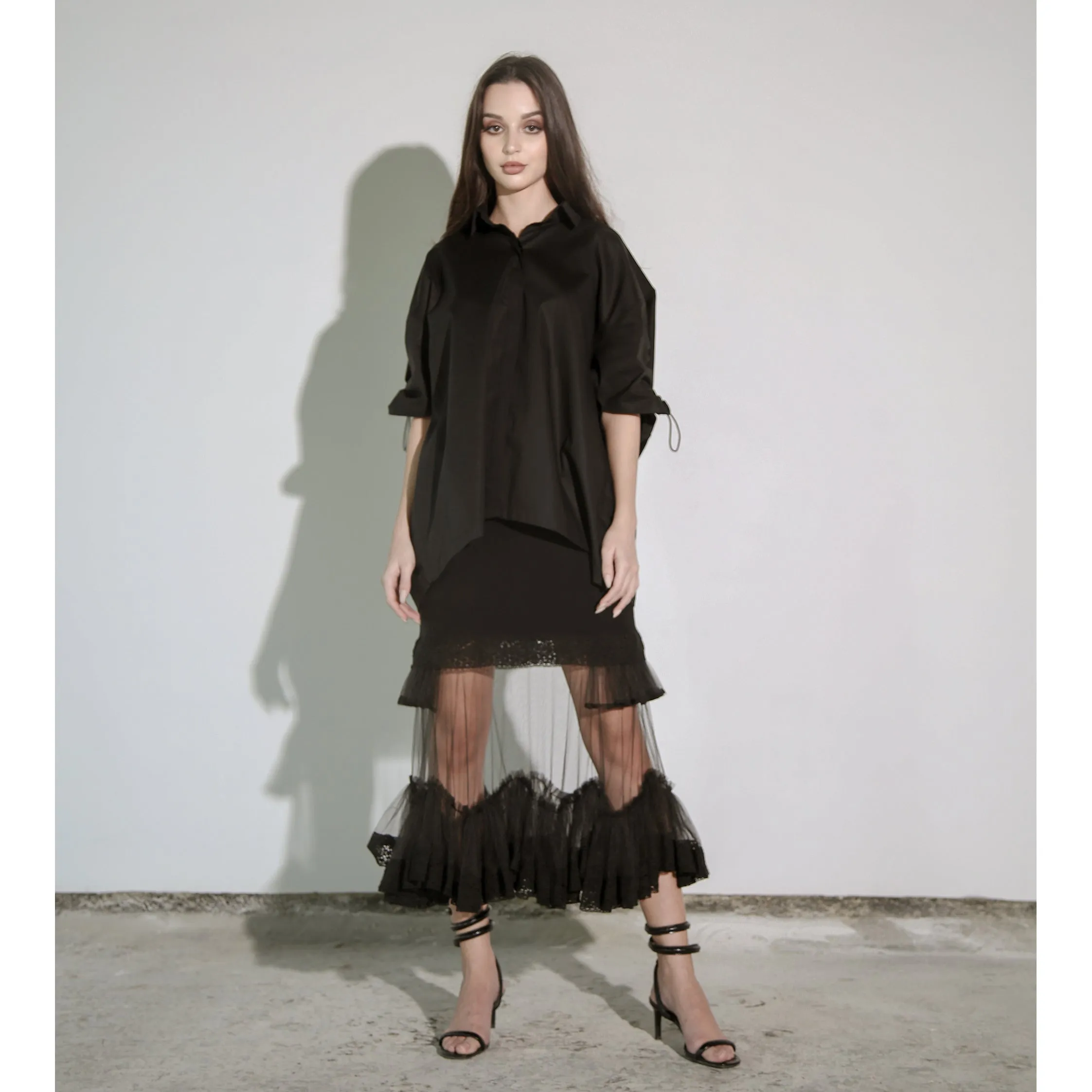 Black Modal Jersey Skirt with Tulle & Lace Ruffle