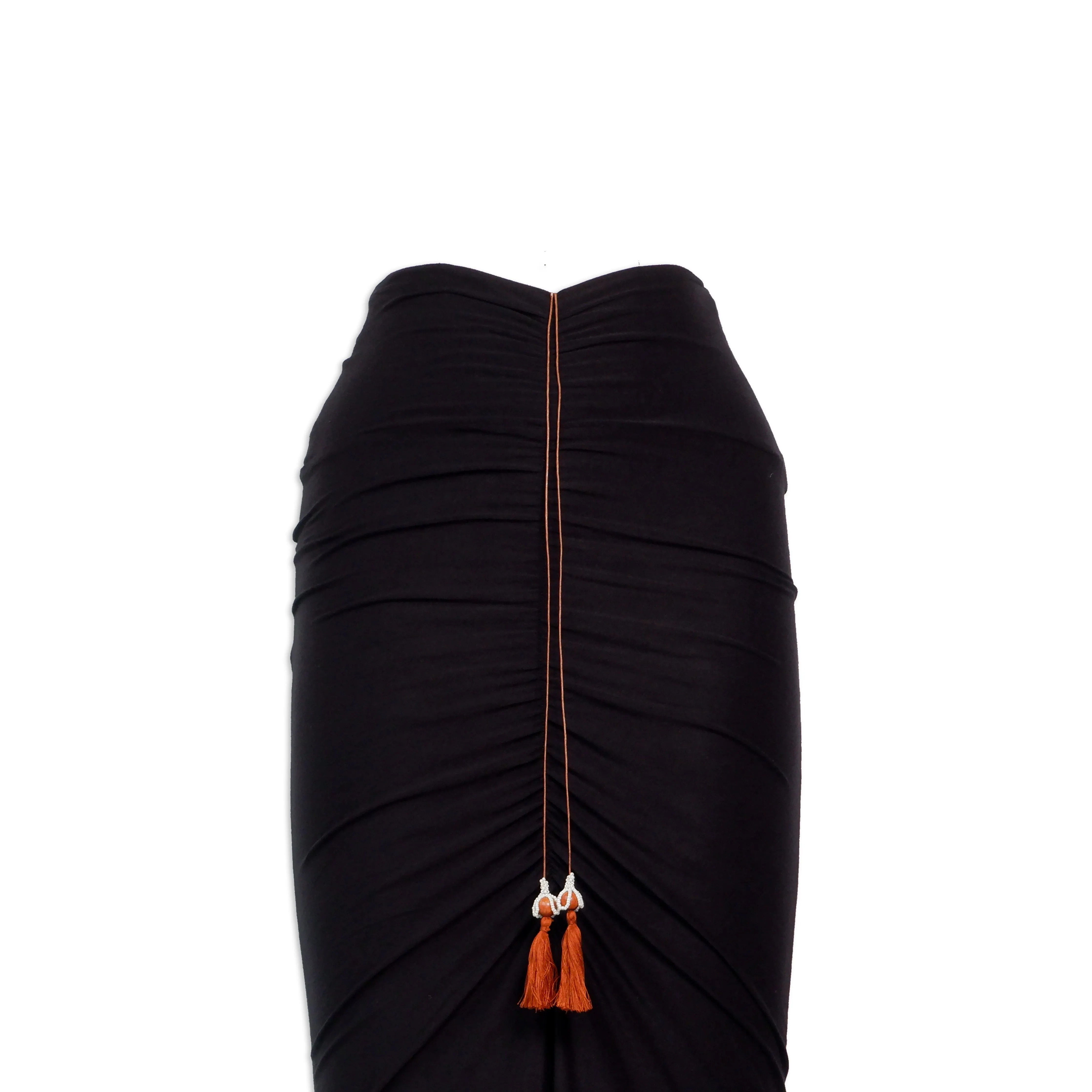 Black Modal Soft Jersey Skirt with Ruched and Tassel Detail