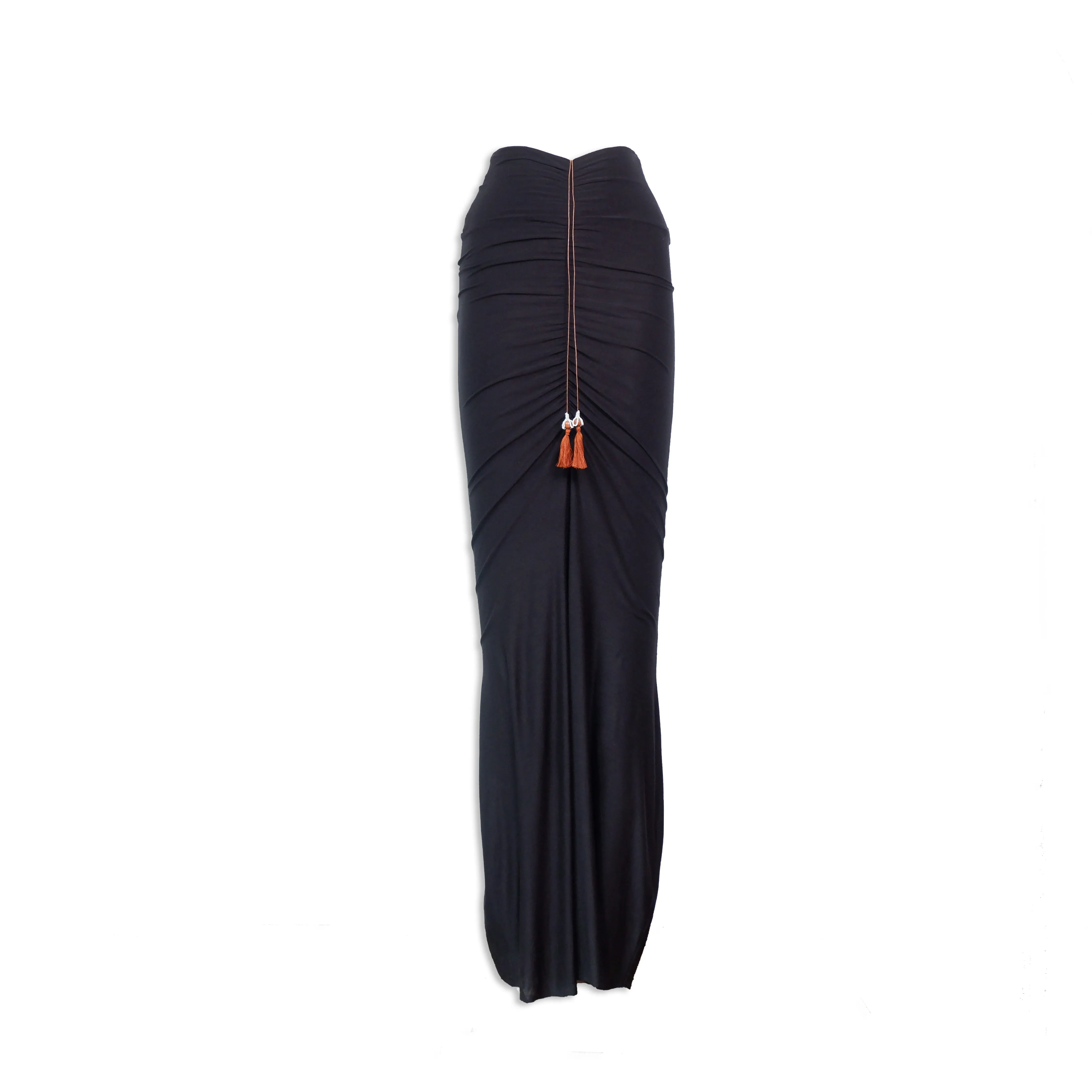 Black Modal Soft Jersey Skirt with Ruched and Tassel Detail