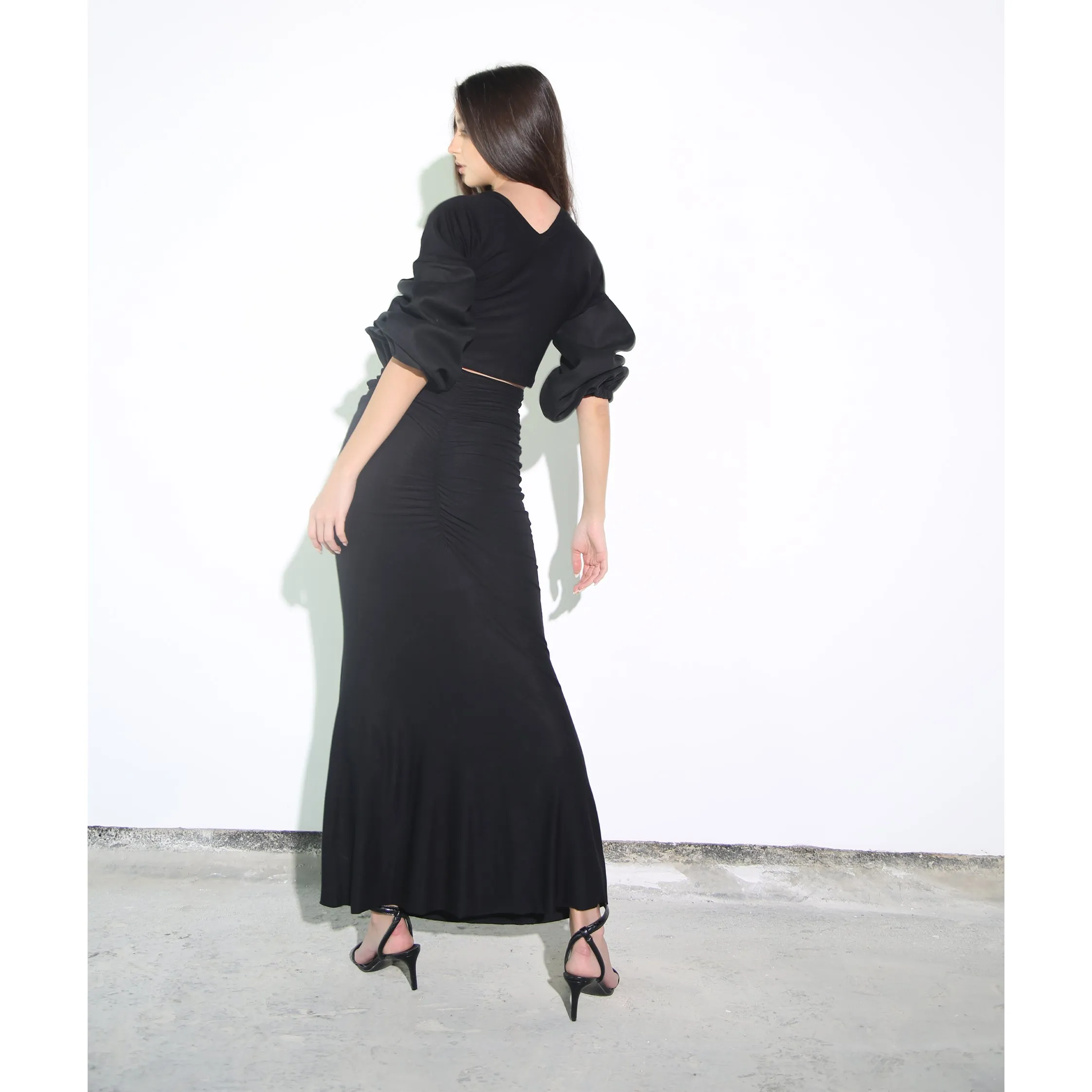 Black Modal Soft Jersey Skirt with Ruched and Tassel Detail