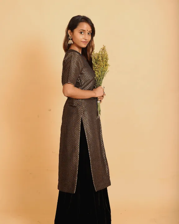 Black On Black Kurta Skirt - Set of 2