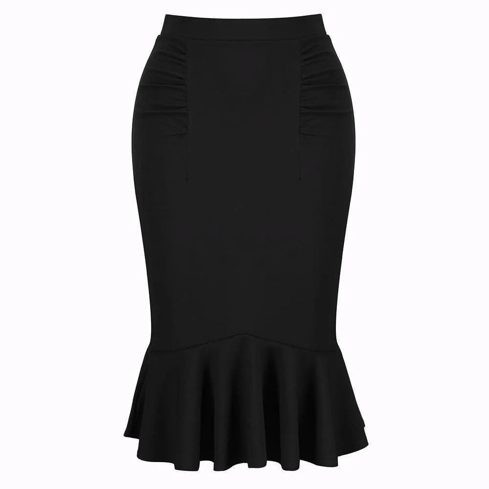 Black Peplum Fishtail Stretch Pencil Bodycon Skirt