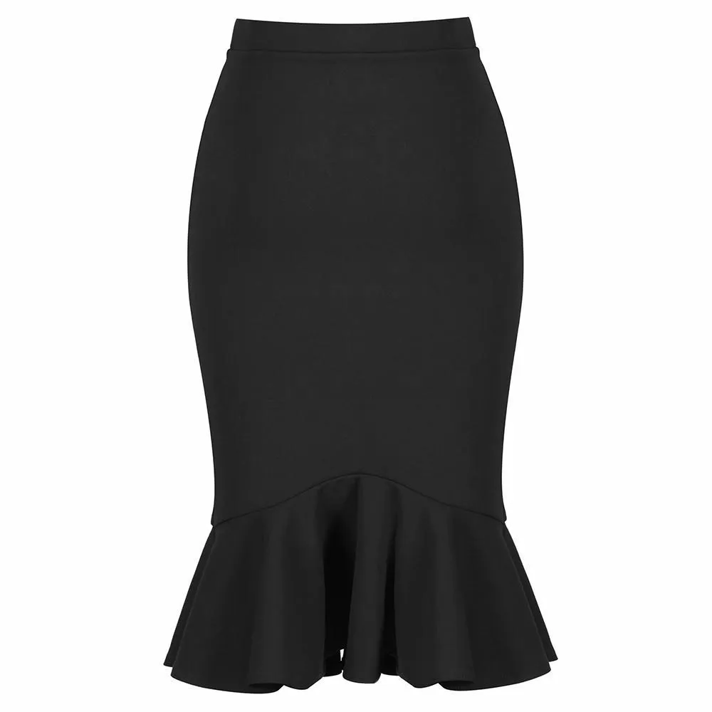 Black Peplum Fishtail Stretch Pencil Bodycon Skirt