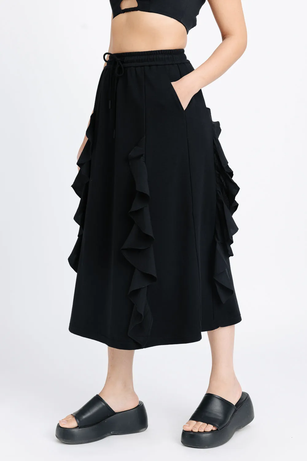 Black Ruffled Midi Skirt