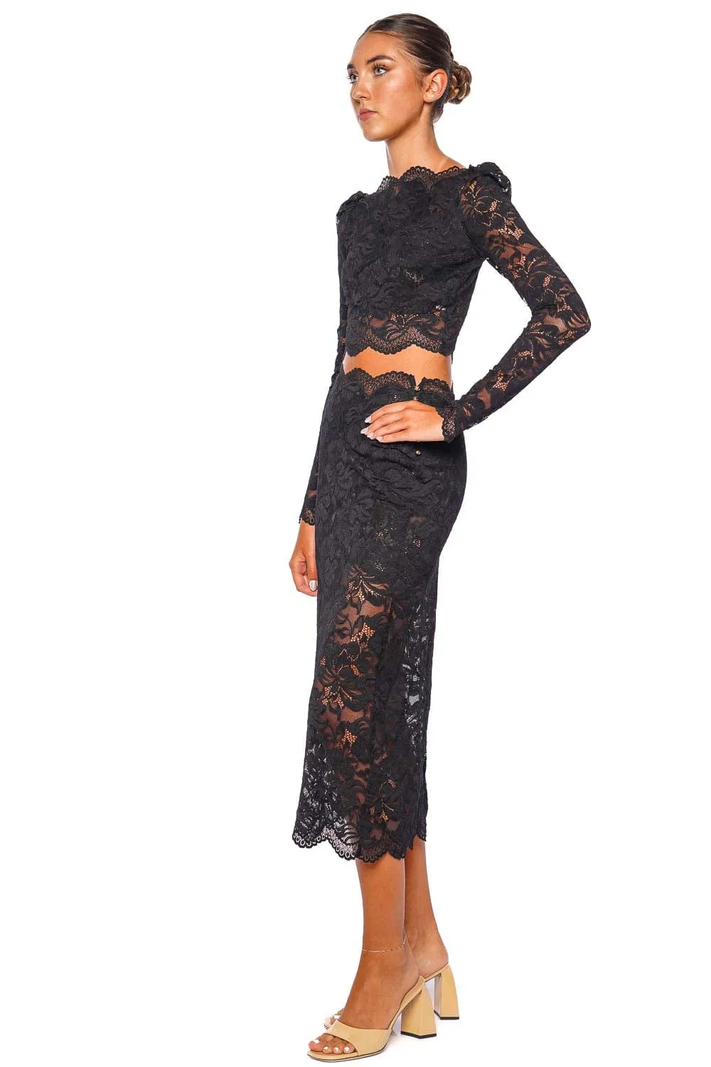 Black Scalloped Lace Midi Skirt