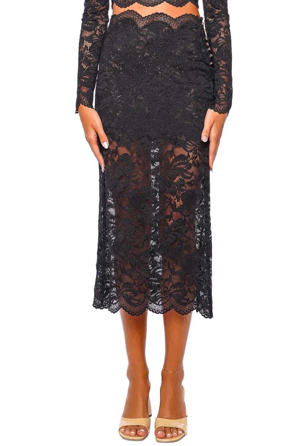 Black Scalloped Lace Midi Skirt