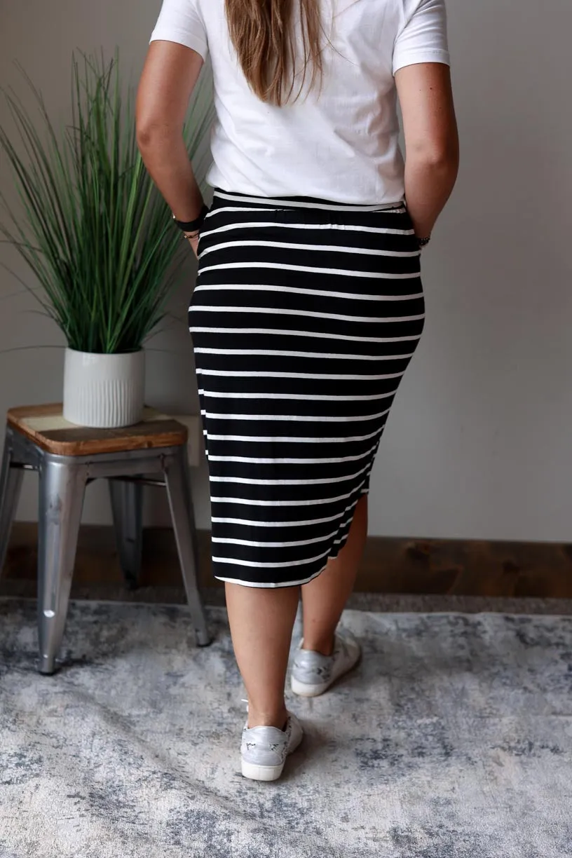 Black Stripe Drawstring Midi Skirt