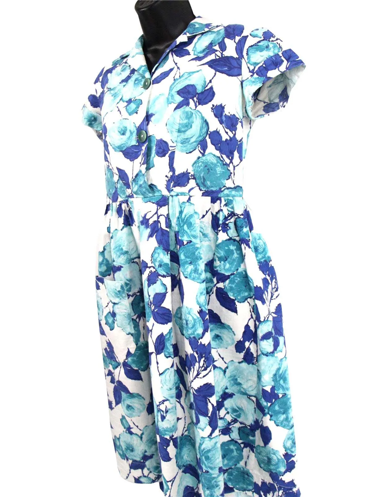 Blue Rose Floral 1950s Vintage Shirt Dress