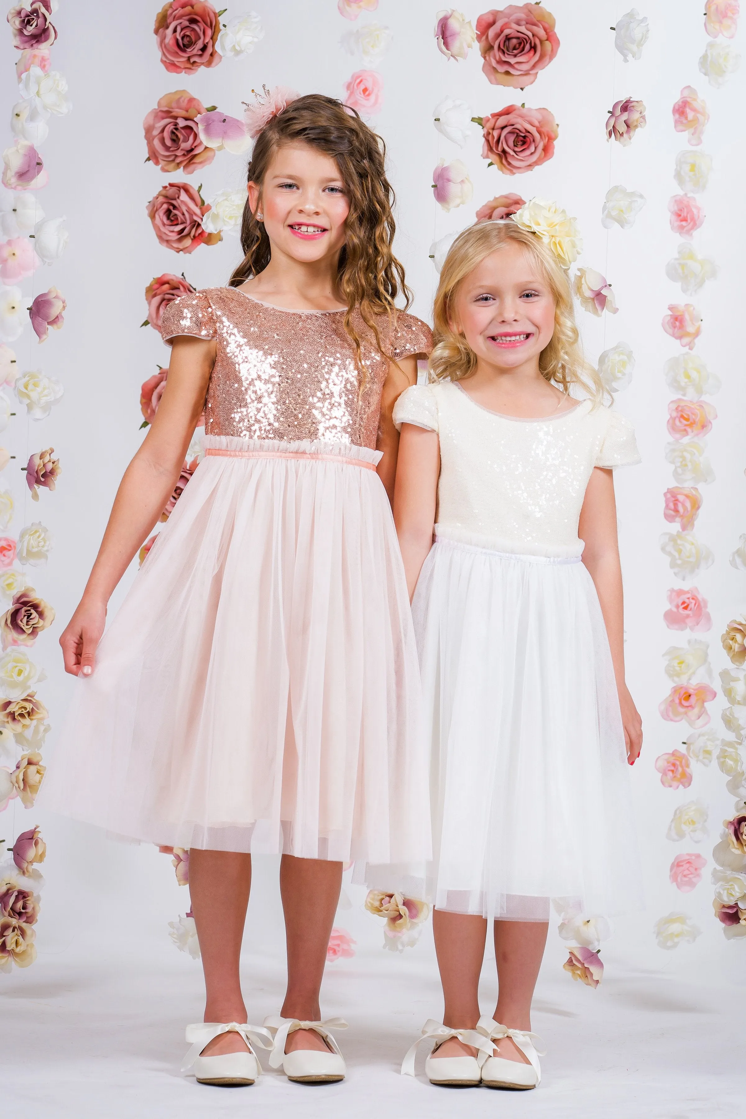 Blush Sequin Mesh Pleated Girls Dress