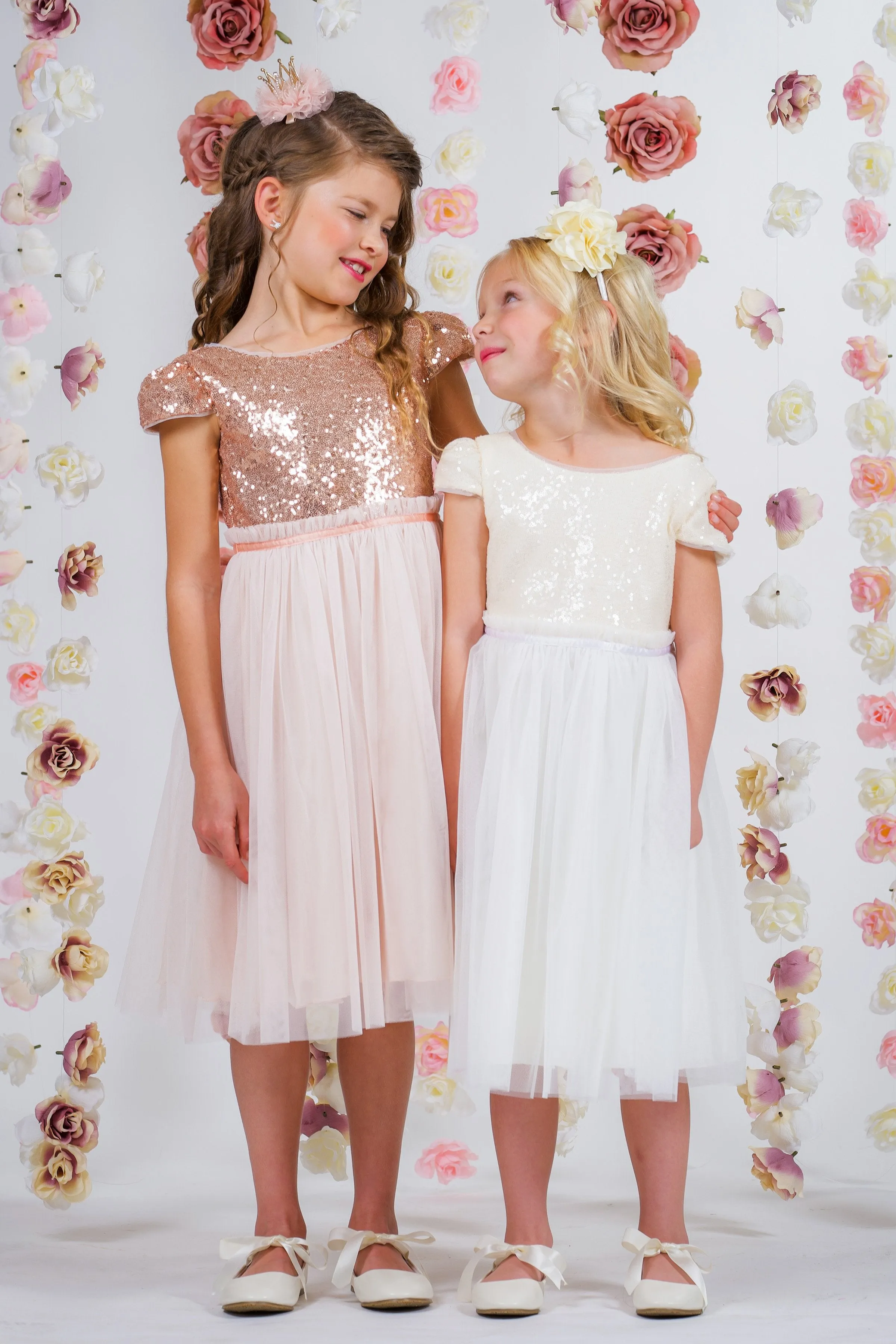 Blush Sequin Mesh Pleated Girls Dress