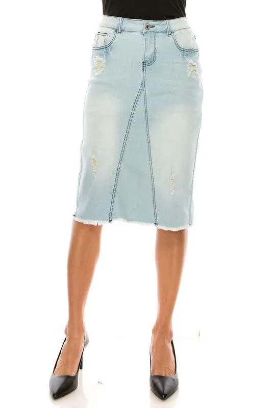 Brenna Distressed Denim Skirt in Lt. Wash