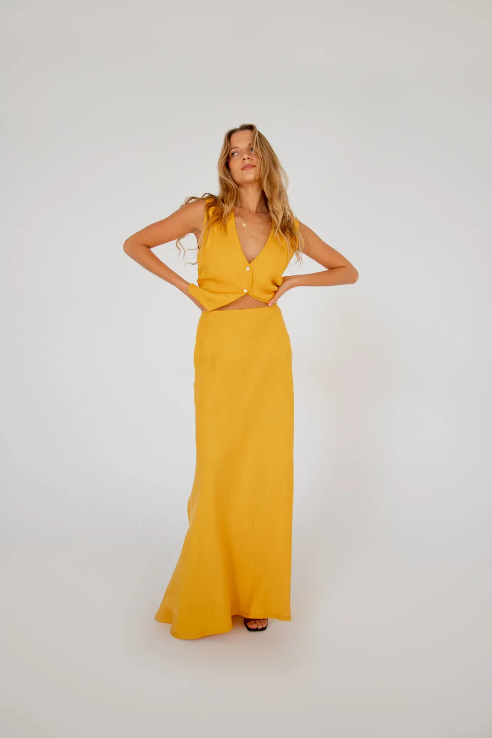 Carmine Bias Cut Maxi Skirt Mustard