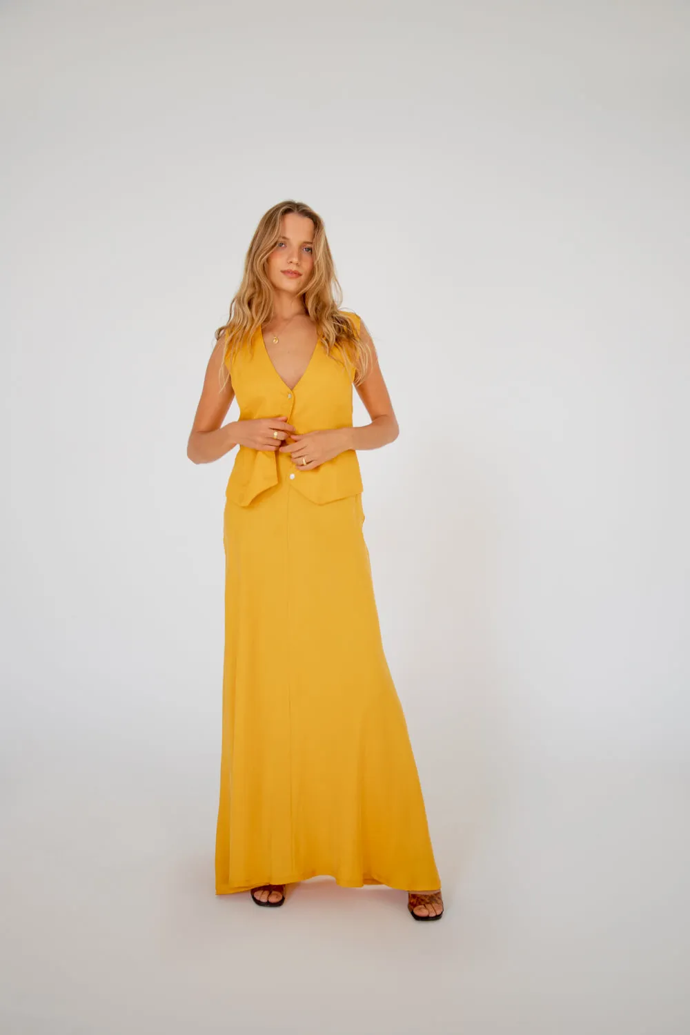 Carmine Bias Cut Maxi Skirt Mustard