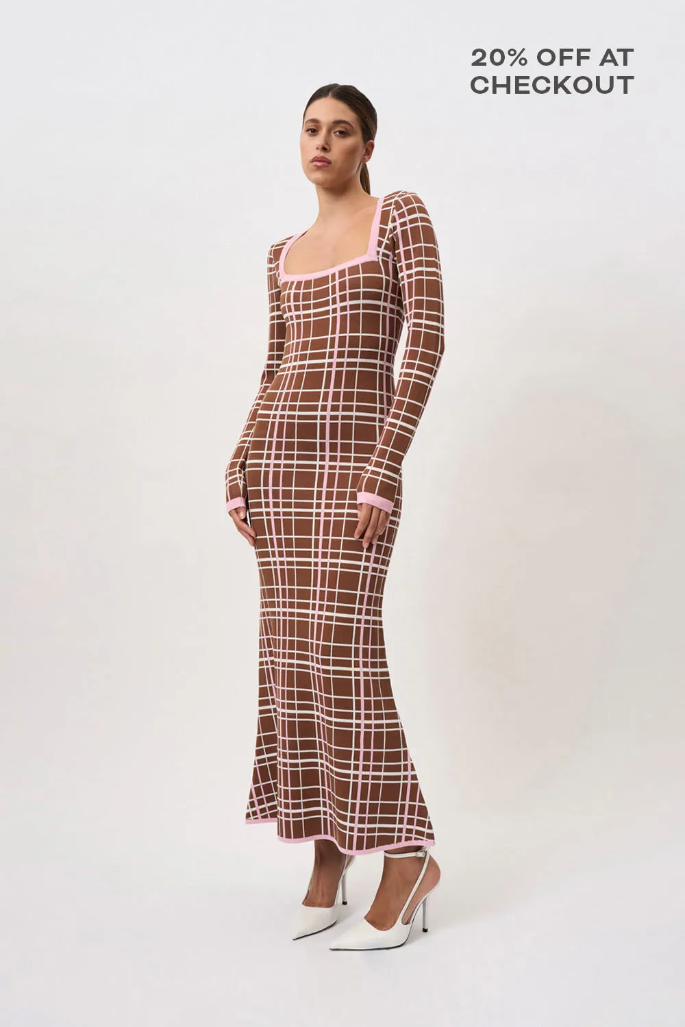 Carolina Check Knit Dress - Brown Pink