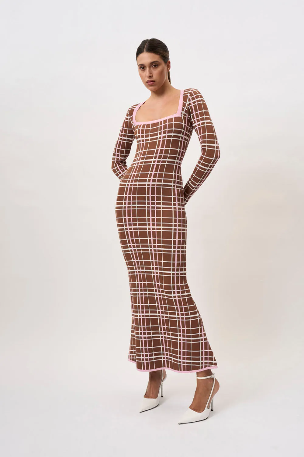 Carolina Check Knit Dress - Brown Pink