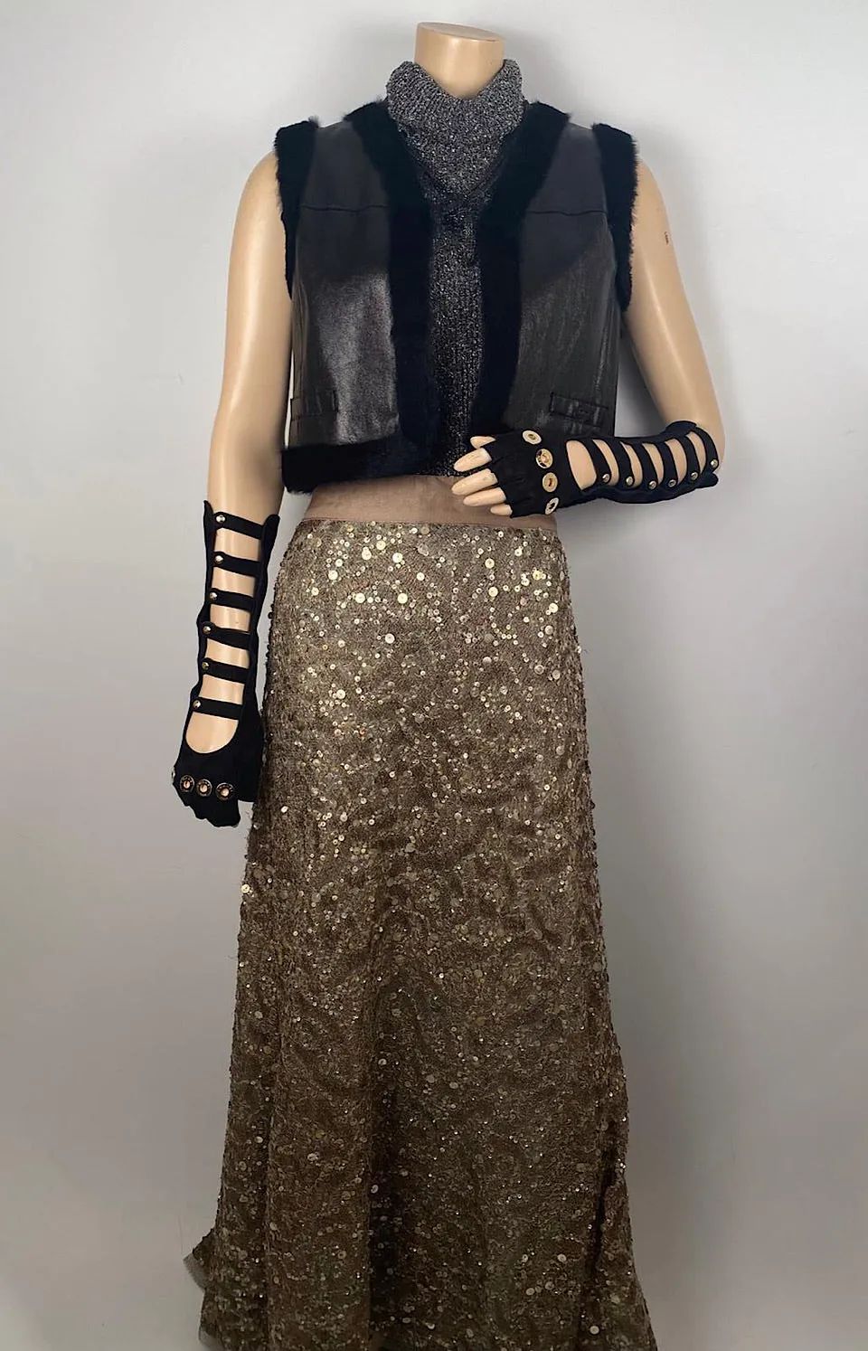 Chanel 03A 2003 Fall Long Maxi Gold Sequin Skirt FR 42