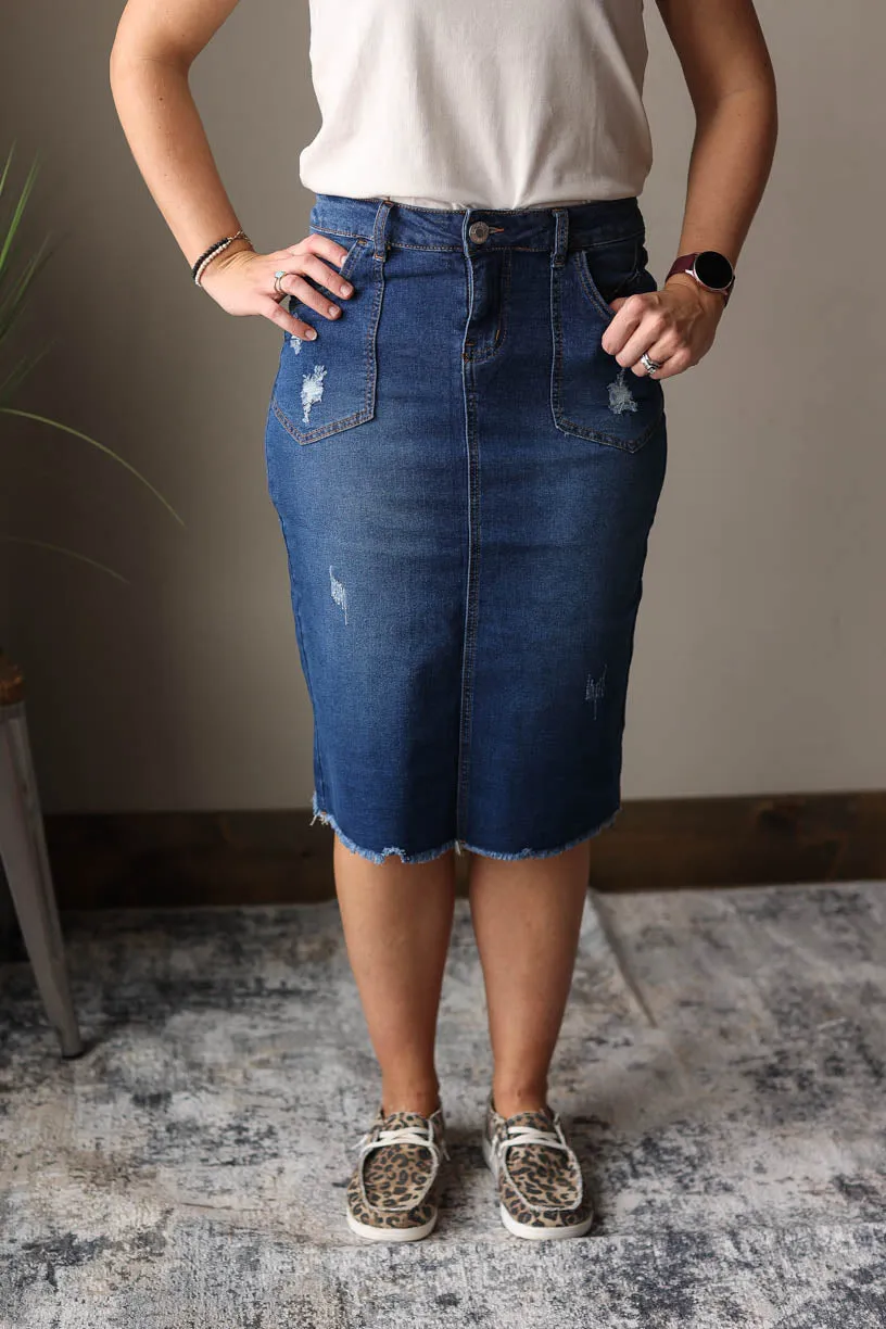 Chelsea Distressed Dark Wash Midi Denim Skirt