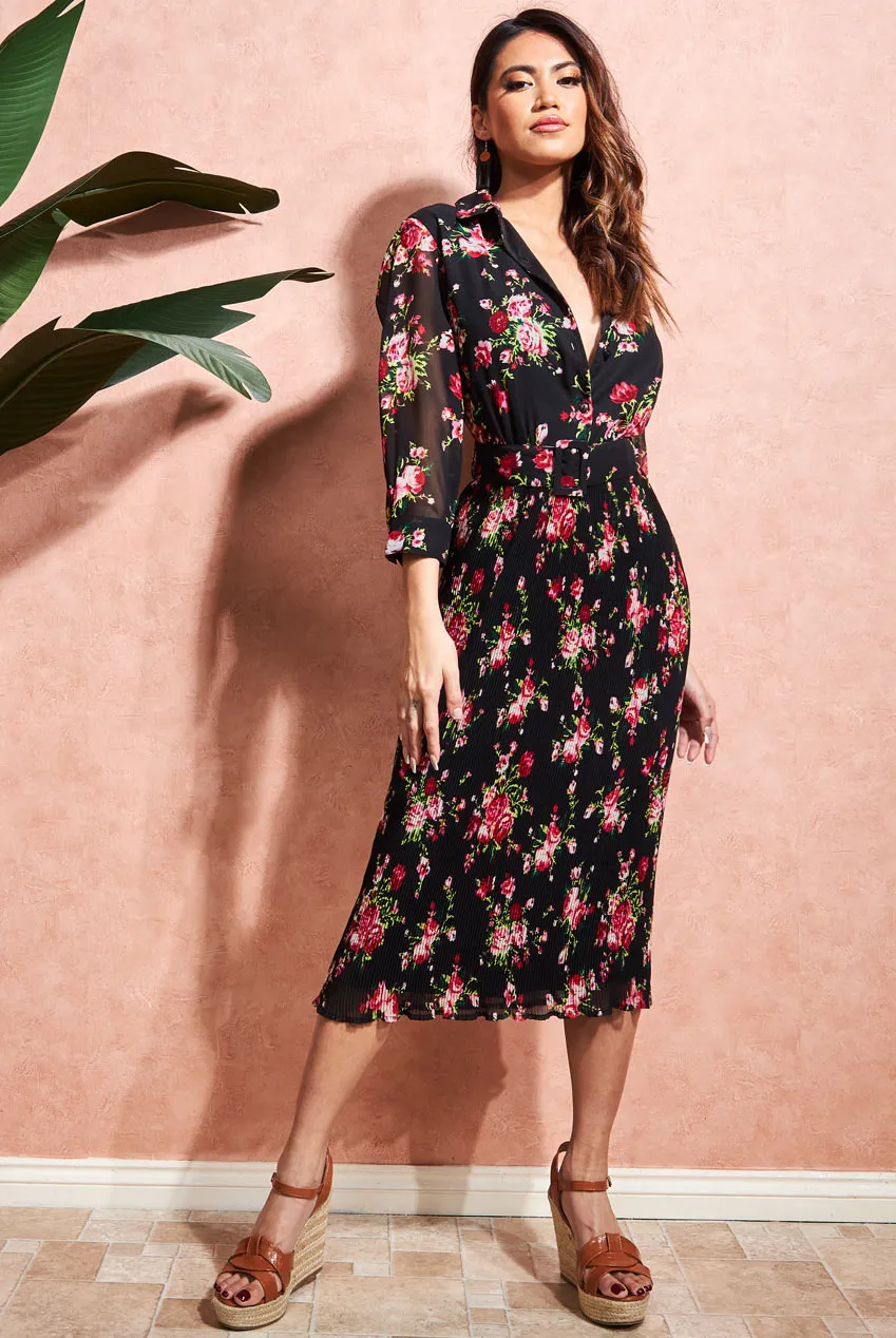 City Goddess Shirred Floral Shirt Dress