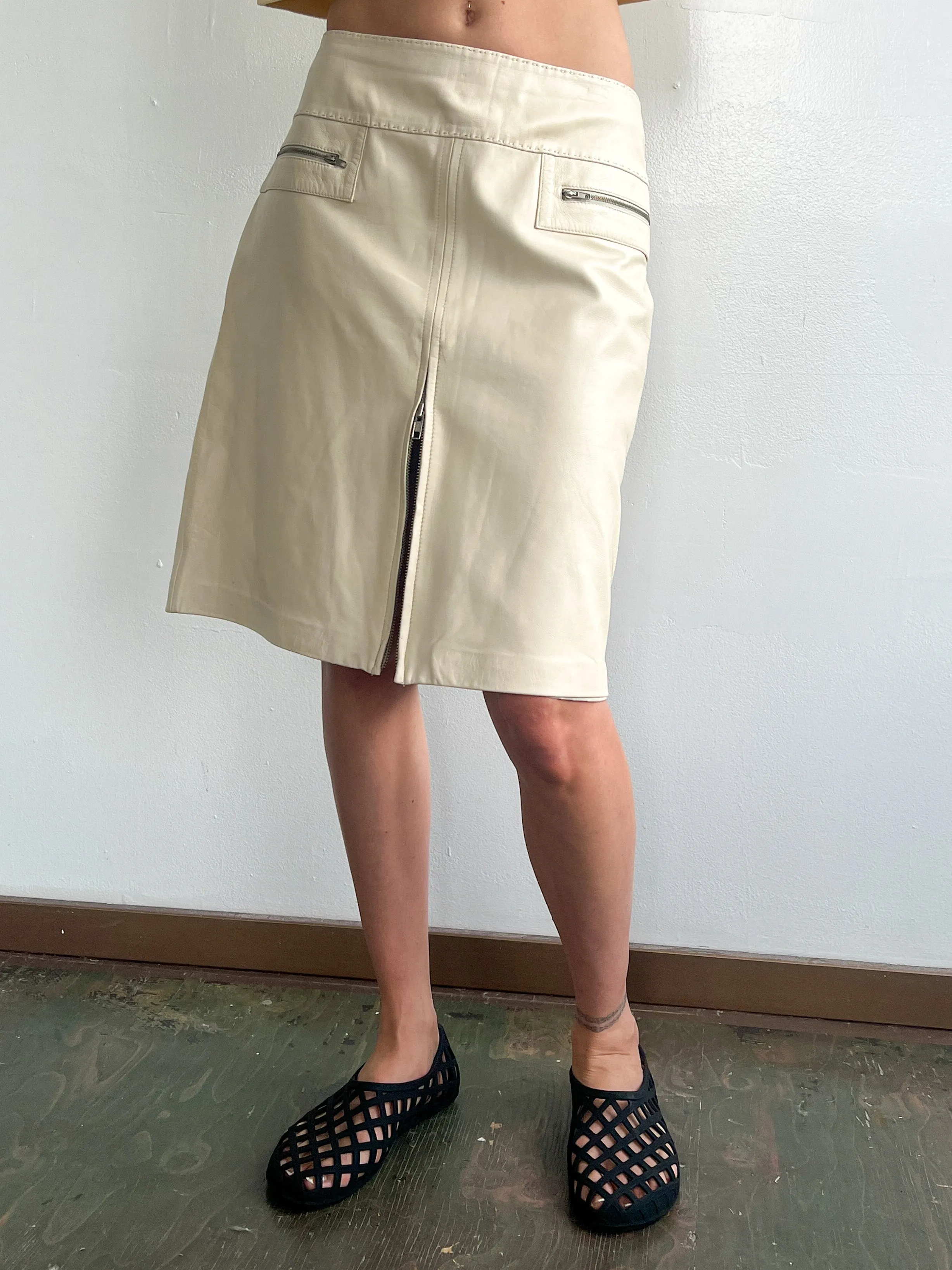 Cream Zip Leather Skirt (M)