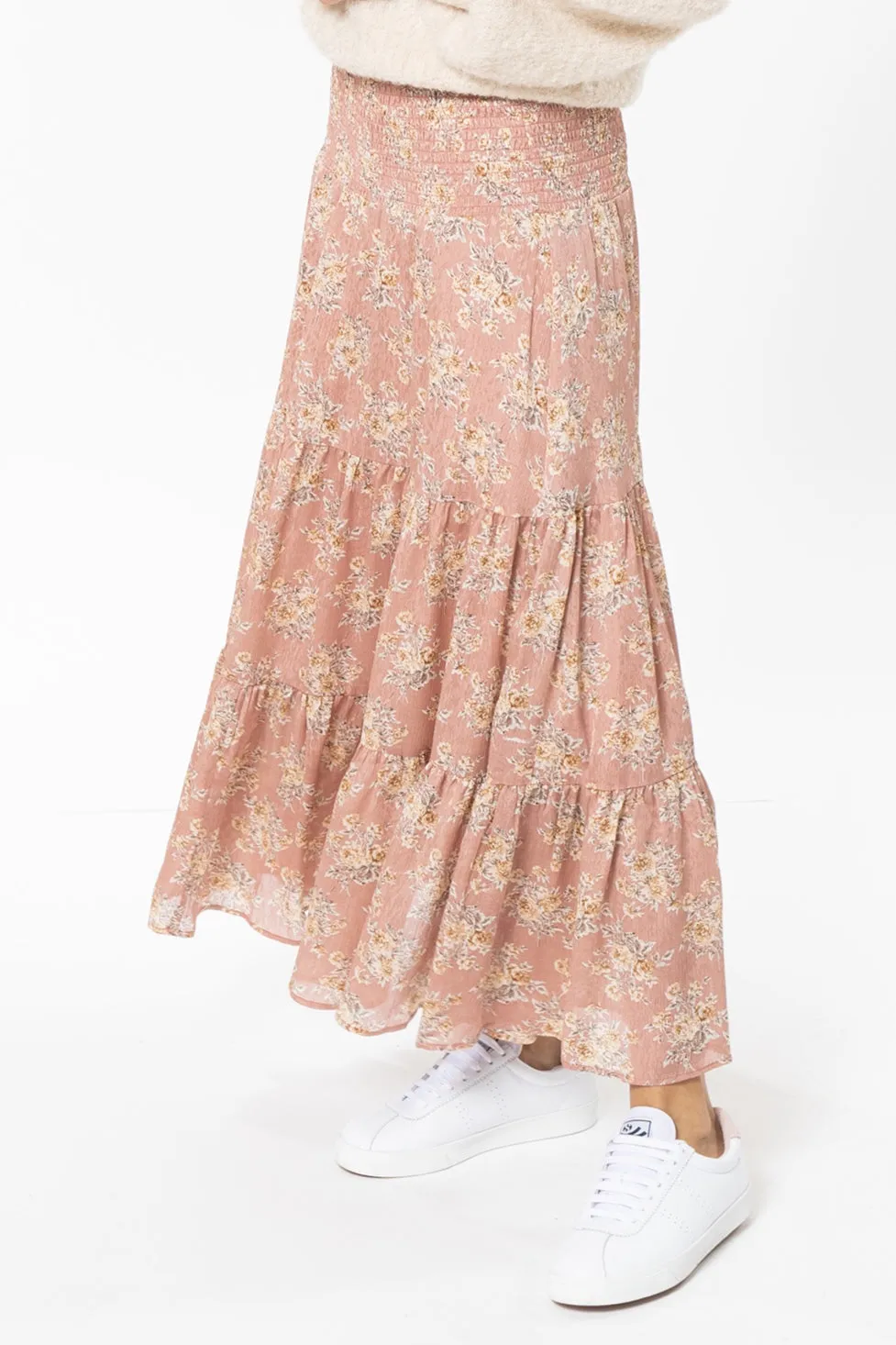 Creative Dusty Rose Shirred Waist Tiered Maxi Skirt