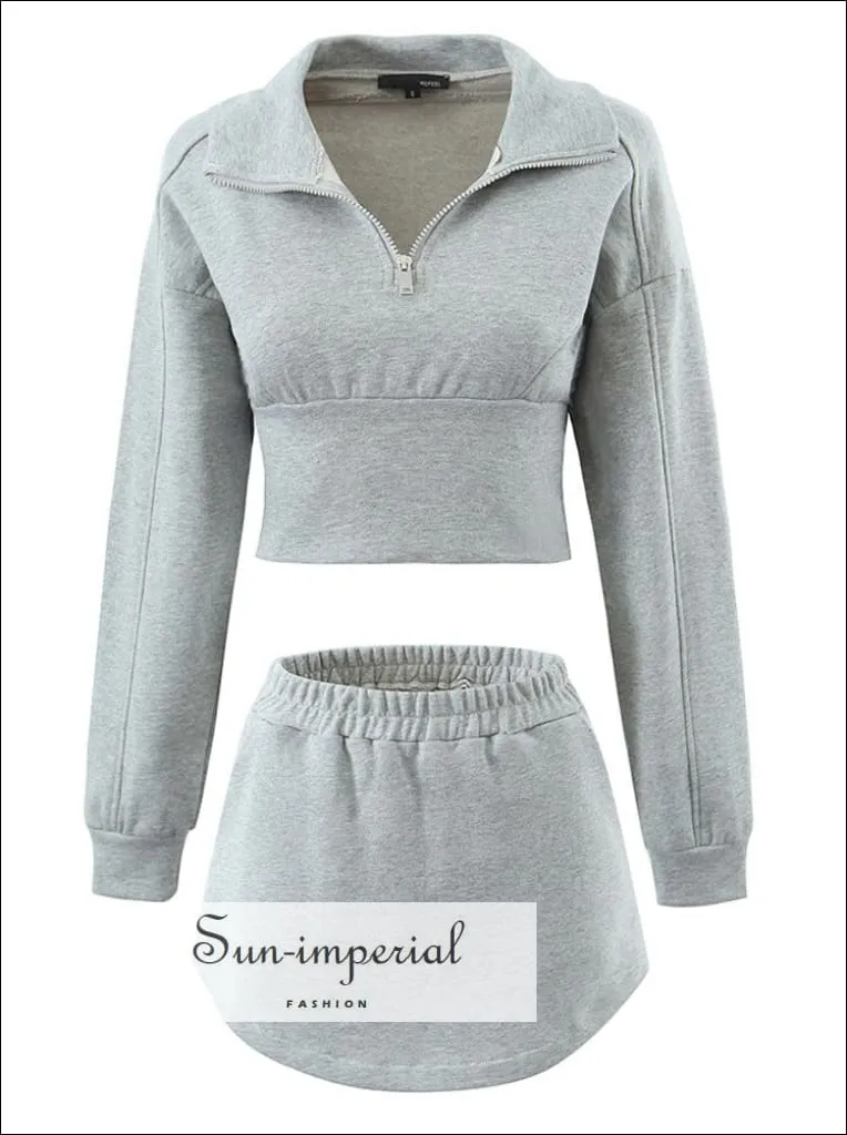 Cropped Zipped Sweatshirt With Elastic Skirt Sporty Set