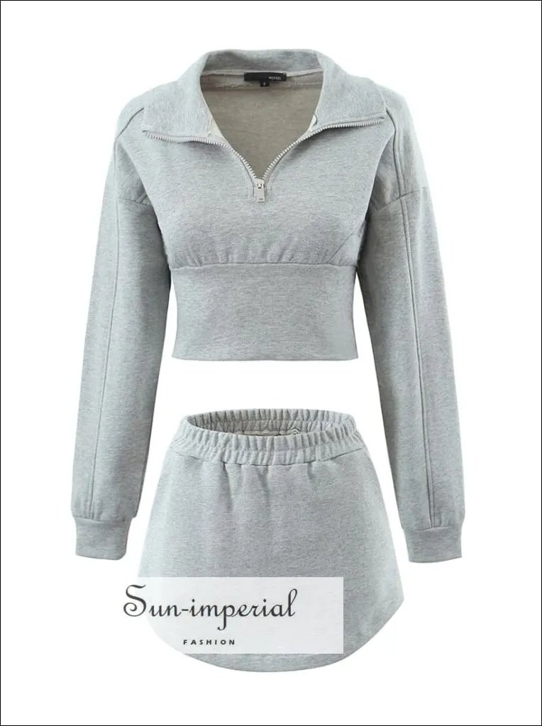 Cropped Zipped Sweatshirt With Elastic Skirt Sporty Set