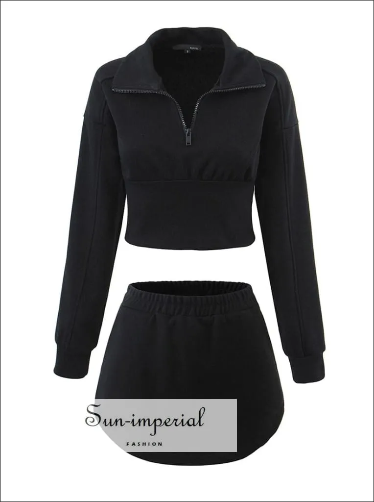 Cropped Zipped Sweatshirt With Elastic Skirt Sporty Set