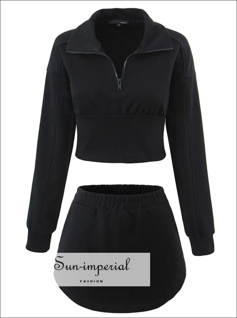 Cropped Zipped Sweatshirt With Elastic Skirt Sporty Set