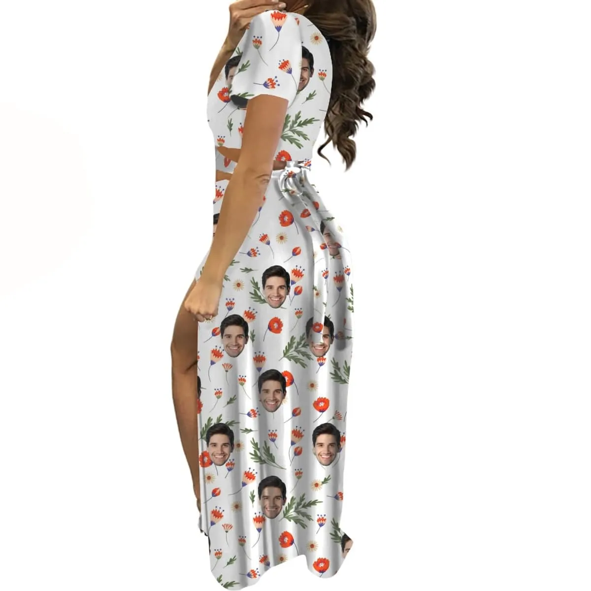 Custom Face Red Flowers Print Beach Outfits Dress Personalized Women's V-neck Split Maxi Dresses Skirt Set