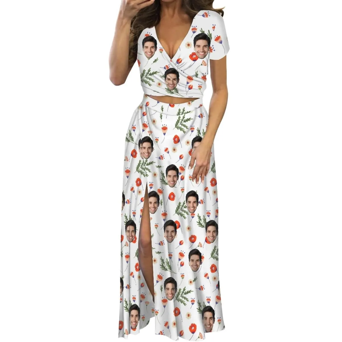 Custom Face Red Flowers Print Beach Outfits Dress Personalized Women's V-neck Split Maxi Dresses Skirt Set