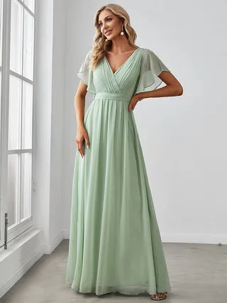 Deep V Neck Ruffle Sleeve Chiffon Gown Size 18 Style 0164AM