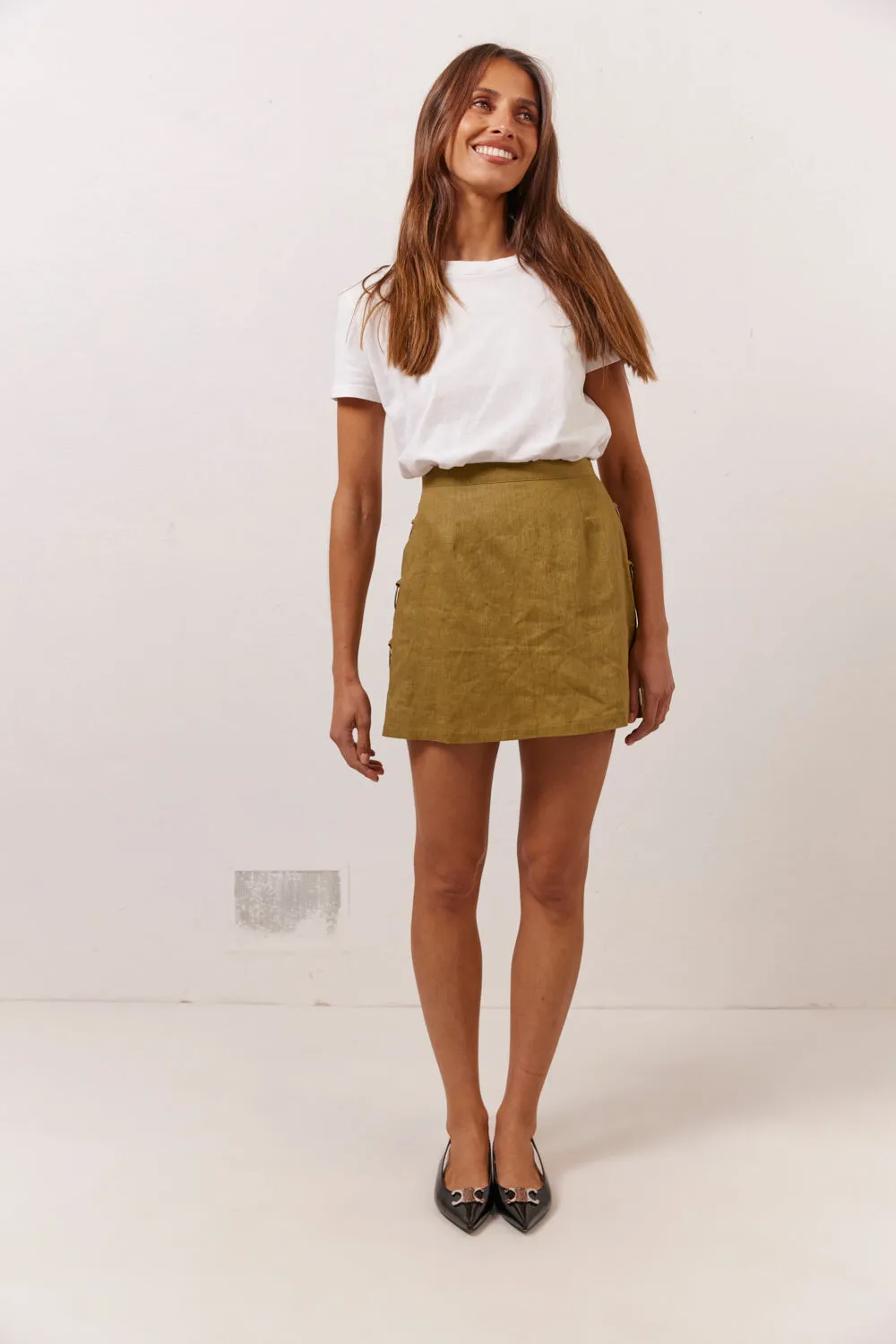 Discoteca Linen Mini Skirt Olive