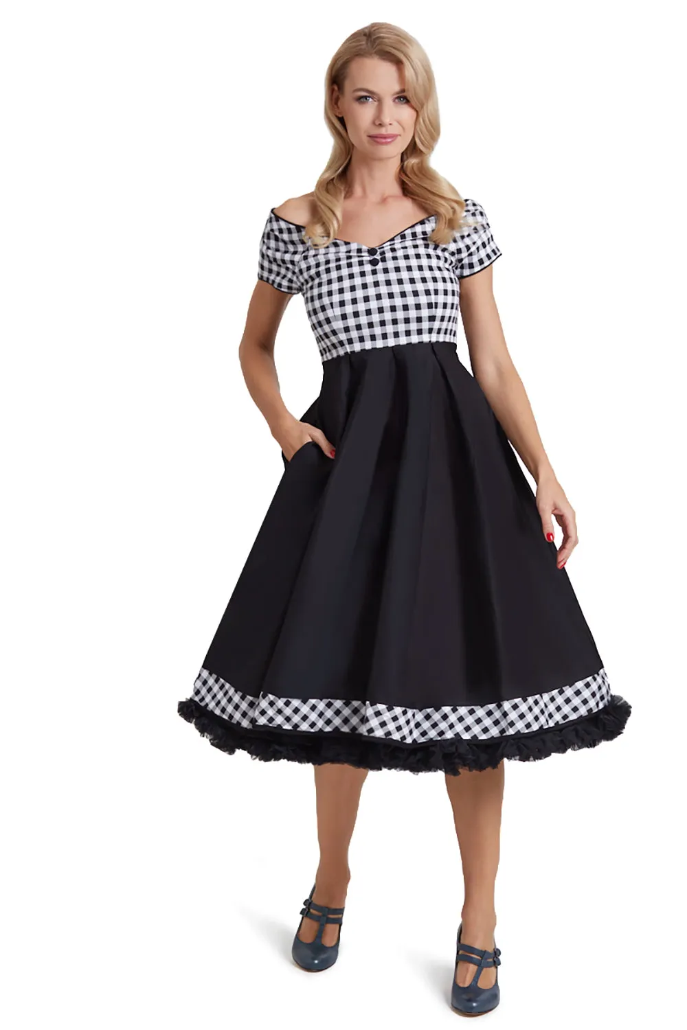 Dolly And Dotty 1950's Off Shoulder Checkered Swing Dress